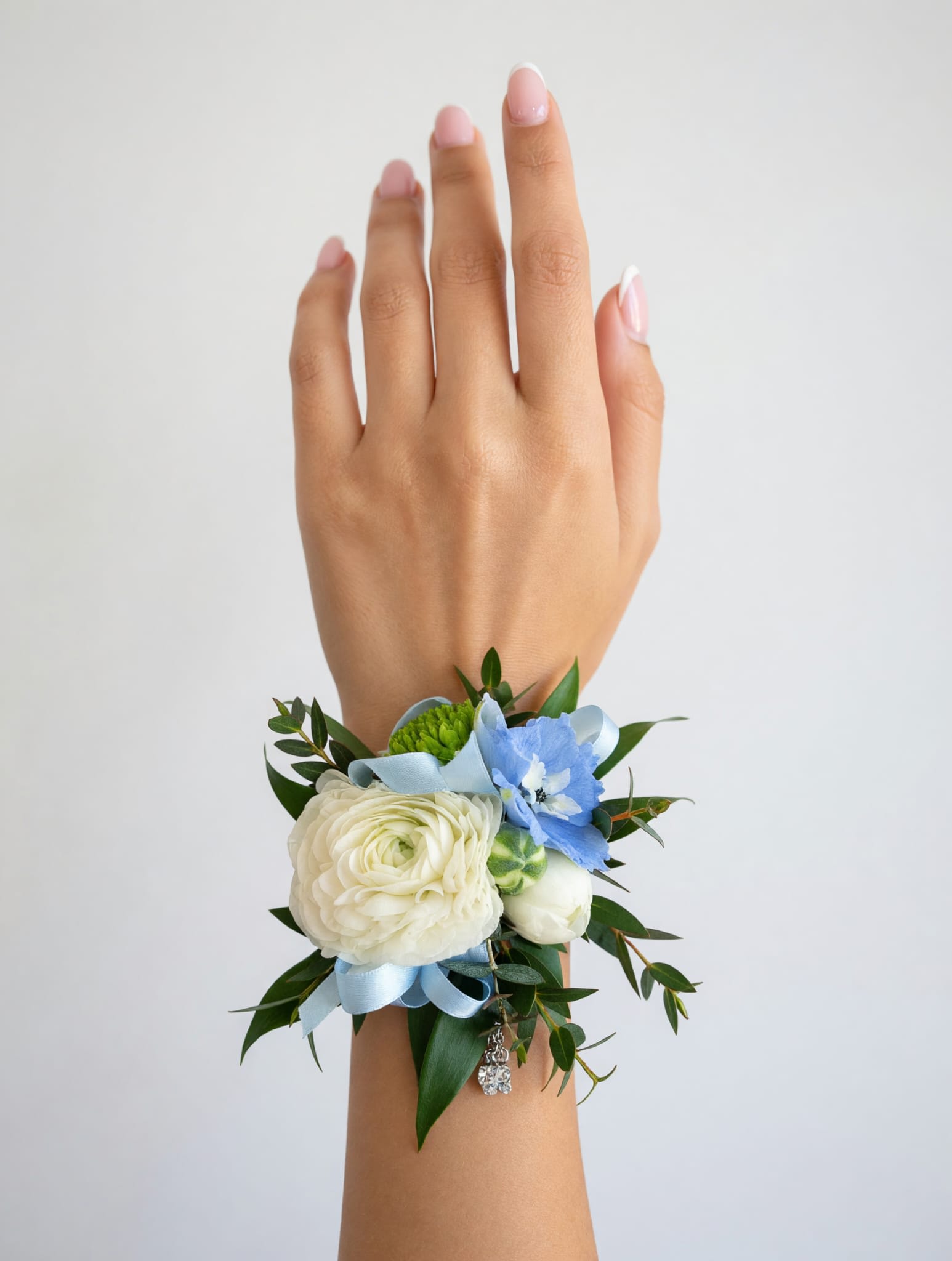 White Ranunculus & Pale Blue Corsage