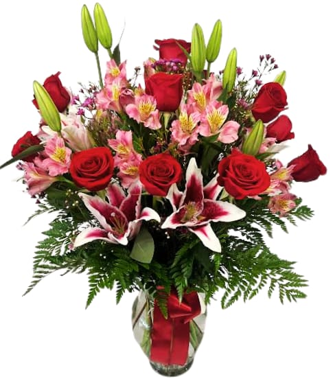 Premium 12 Long Stem Red Roses with Stargazer Lilies R-241 Flower Bouquet