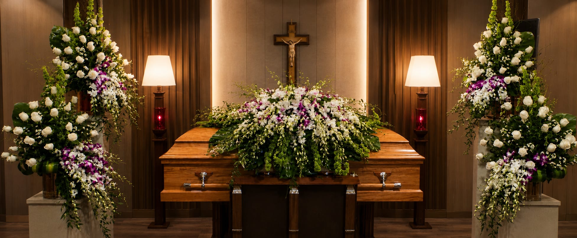 SC-25 Set funeral de rosas y orquídeas con cinta impresa
