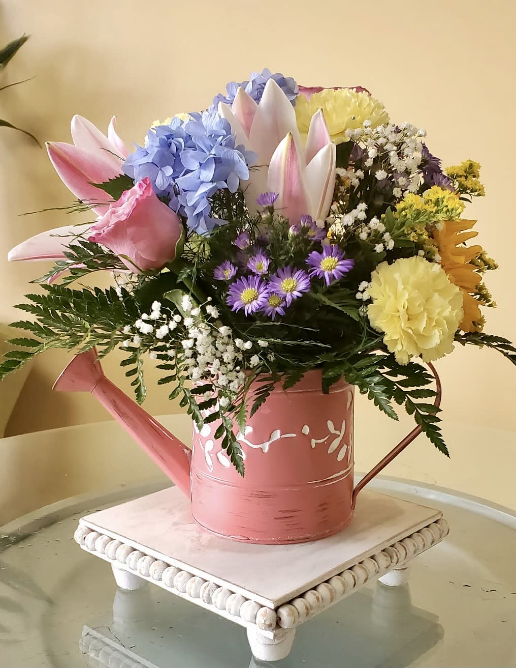 Blushing Garden Watering Can Flower Bouquet