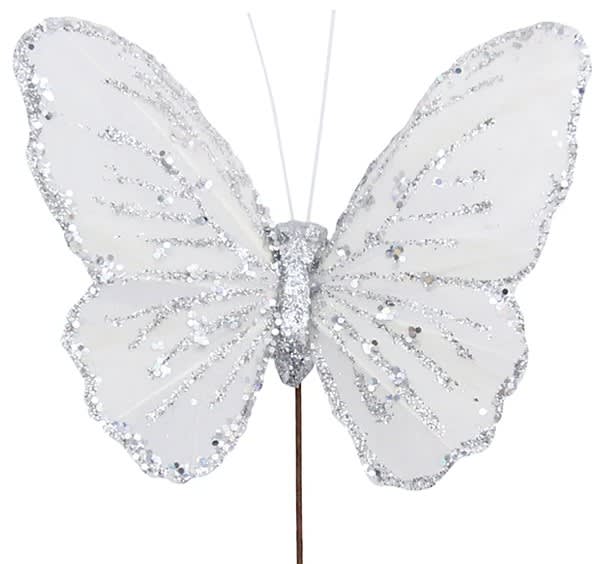 4" White Feather Glitter Butterfly Decorative Pick
