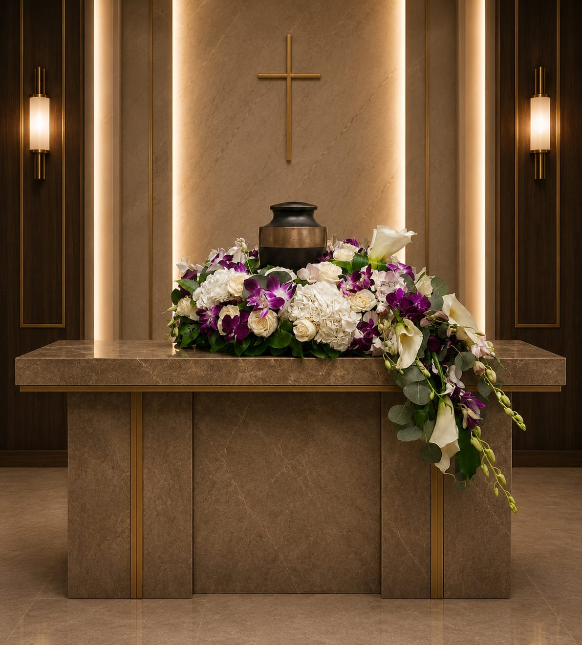 AU-7 Arreglo de urna en hortensias, orquí­deas, rosas y lirios cala