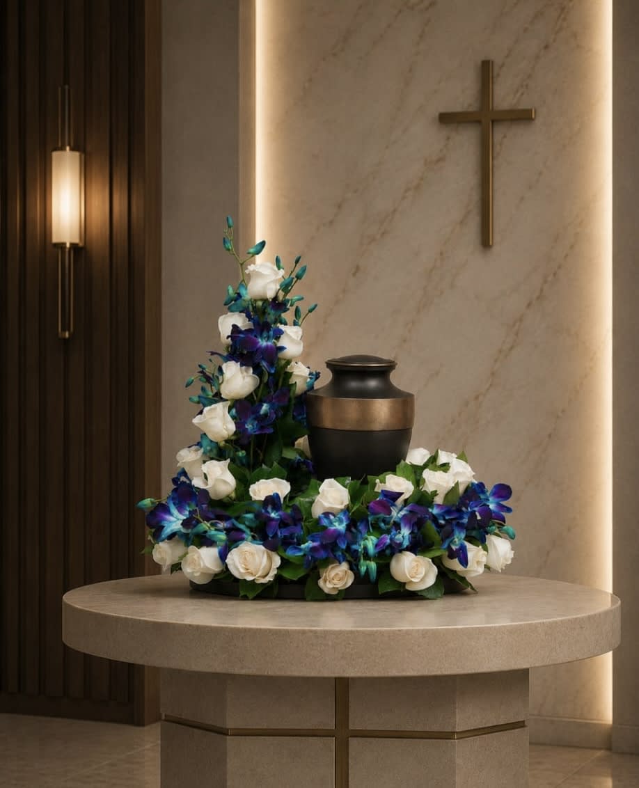 AU-5 Arreglo para urna de rosas y orquídeas