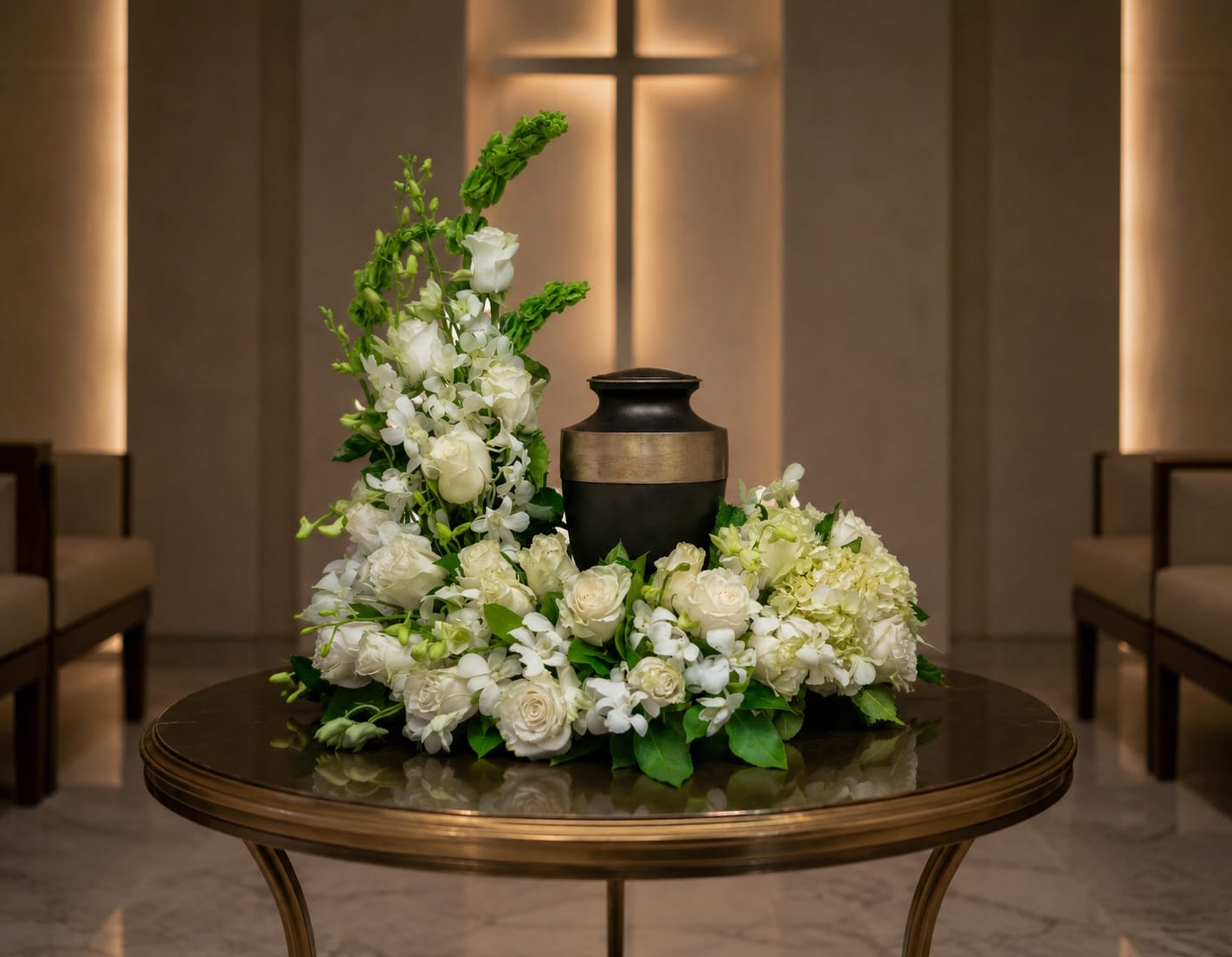 AU-15 Arreglo para urna de rosas, orquídeas y hortensias