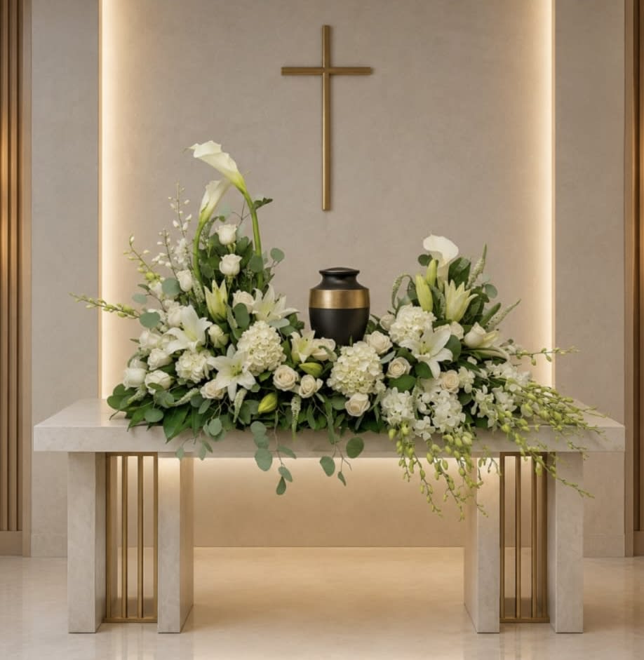 AU-18 Arreglo para urna de lirios cala, hortensias, orquideas y lirios