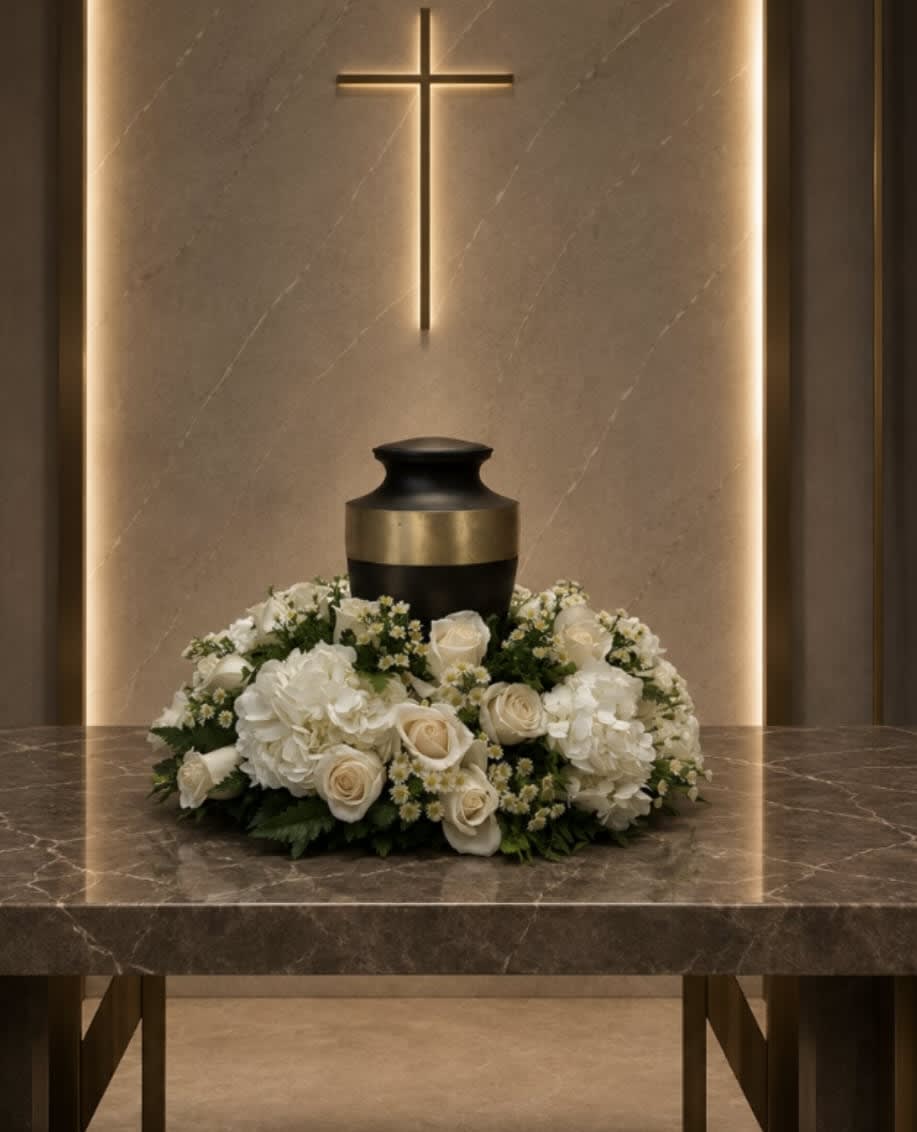 AU-4 Arreglo para urna de rosas, hortensias y montecasino