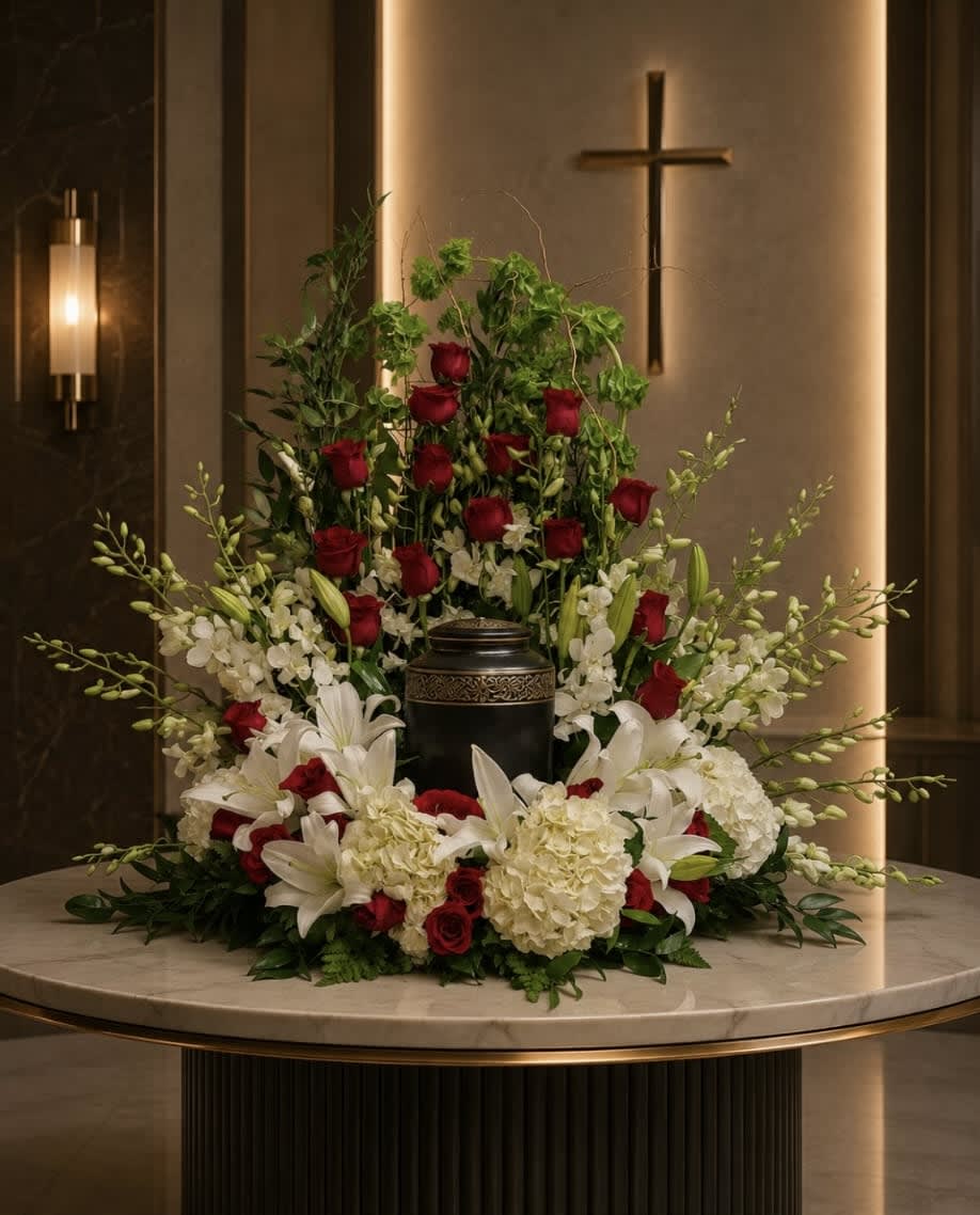 AU-9 Arreglo para urna de hortensias, rosas, lirios y orquí­deas