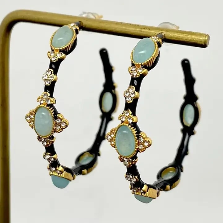 Green Aventurine Black Enamel Earrings Flower Bouquet