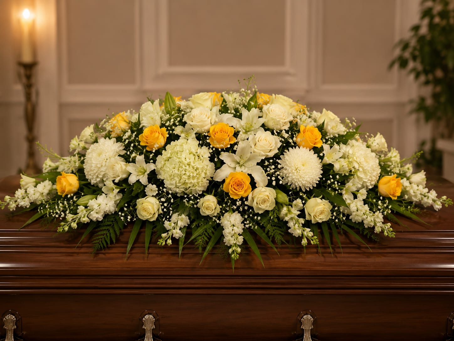 Golden Remembrance Casket Spray Flower Bouquet