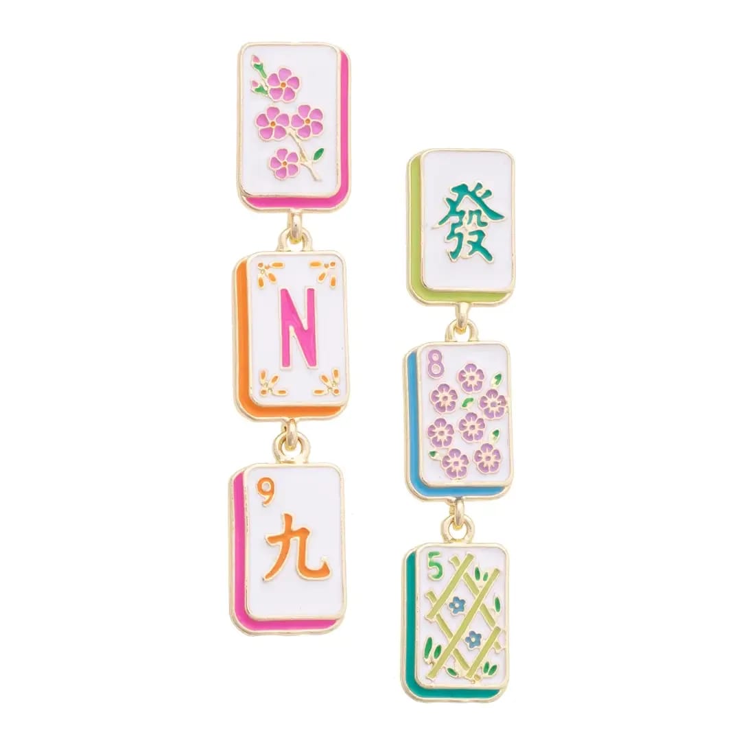 Mahjon Long Tile Earrings Flower Bouquet