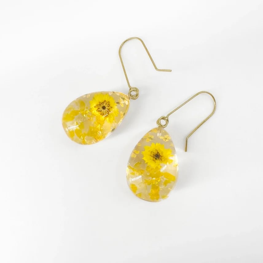 Yellow Botanical Resin Flower & Stone Earrings