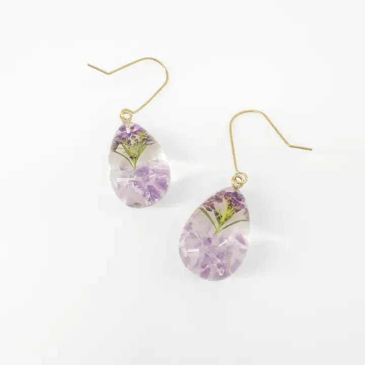 Purple Botanical Resin Flower & Stone Earrings