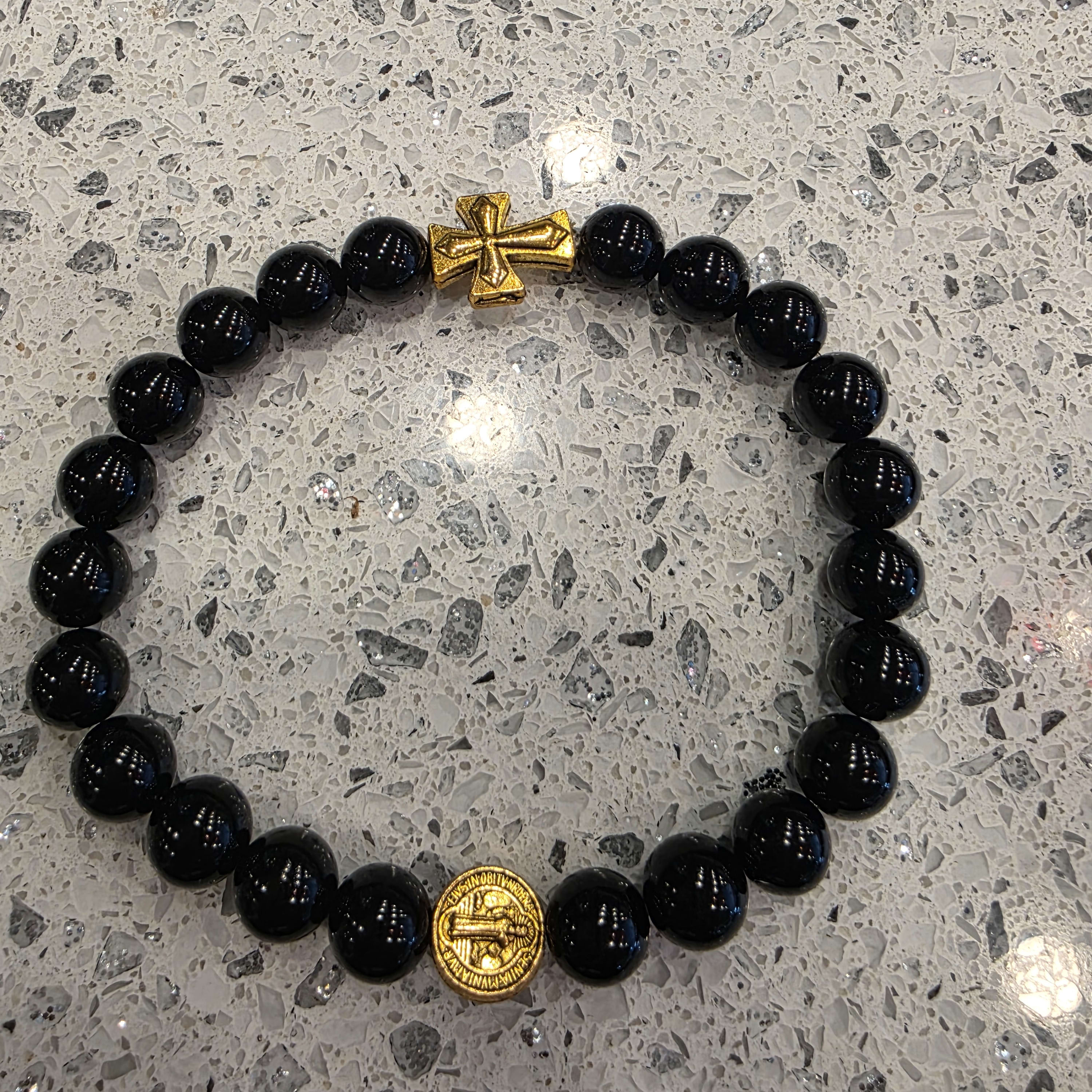 Black Onyx Bracelet With Gold St Benedict And Gold Cross