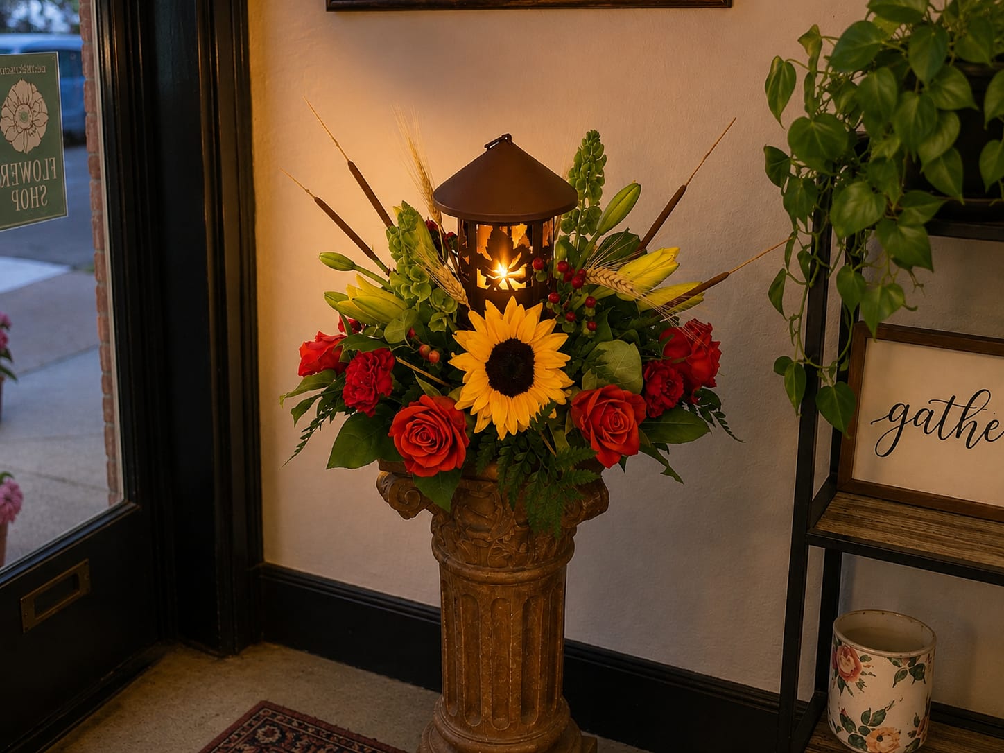 Fall Lantern with Candle Flower Bouquet