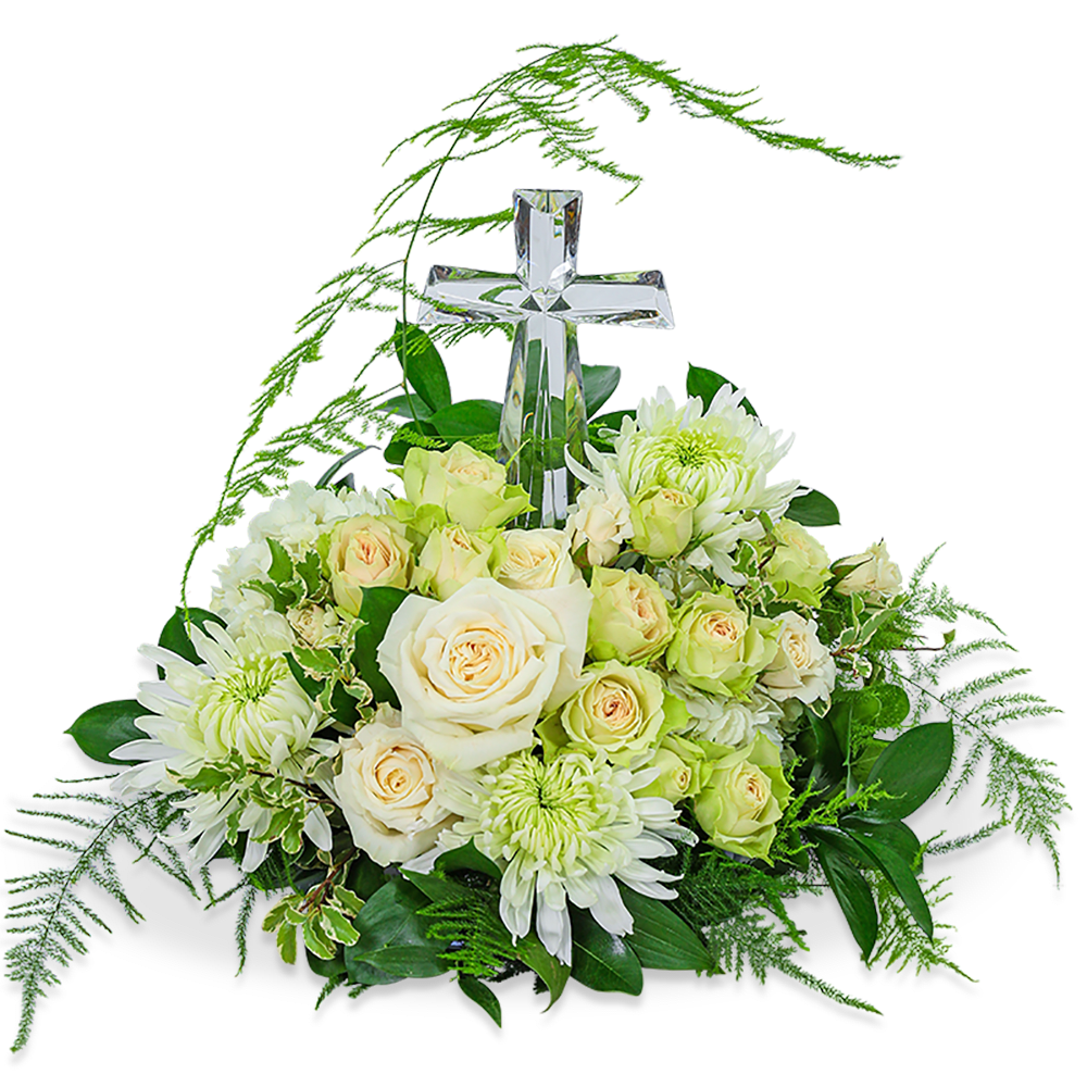Serenity Centerpiece with Crystal Cross Keepsake Flower Bouquet