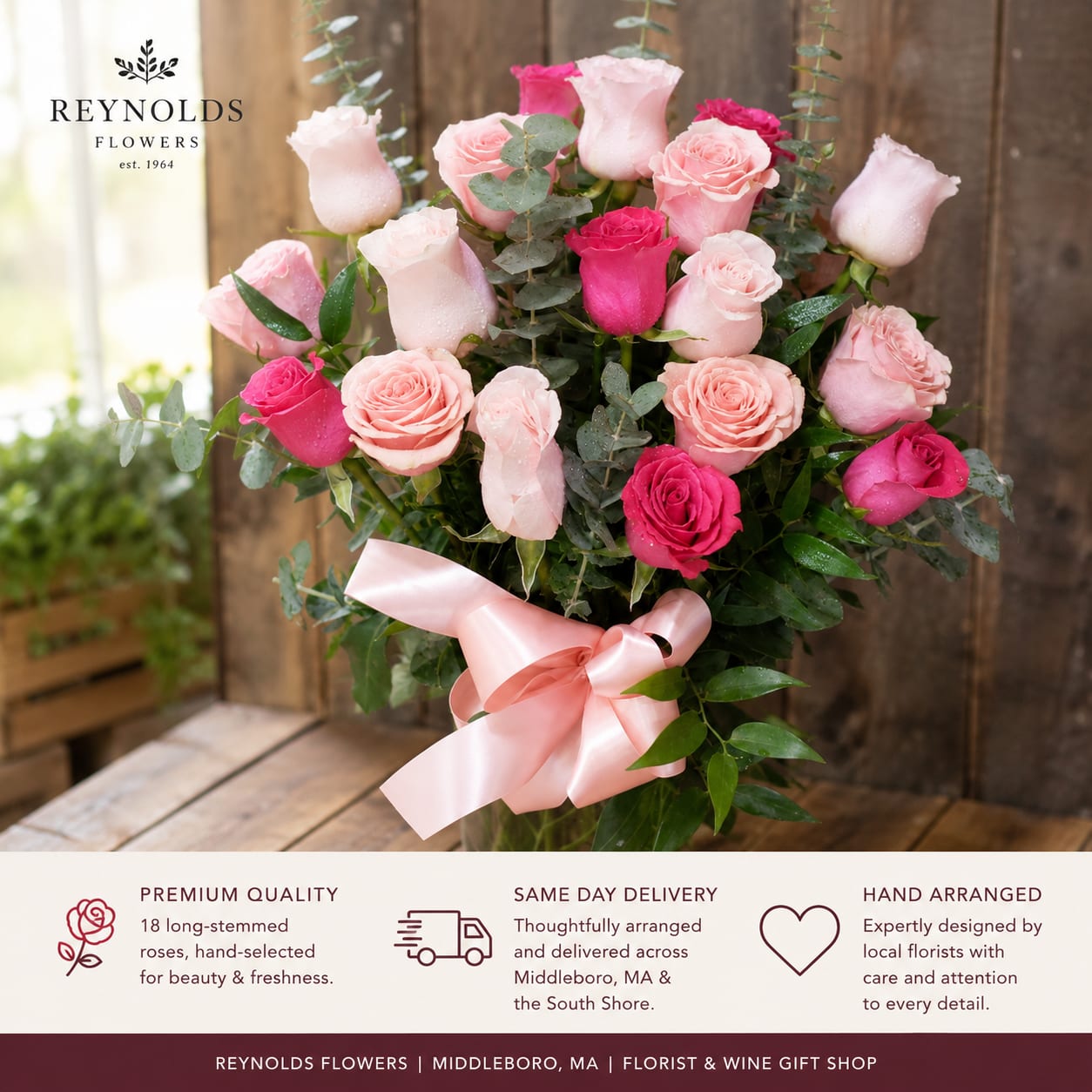 Premium 18 Long Stemmed Assorted Pink Roses Vase Flower Bouquet
