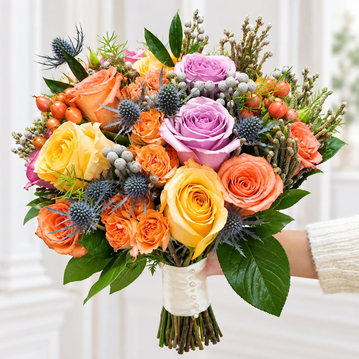 Coral & Lavender Rose Bridal Bouquet with Thistle & Brunia Flower Bouquet