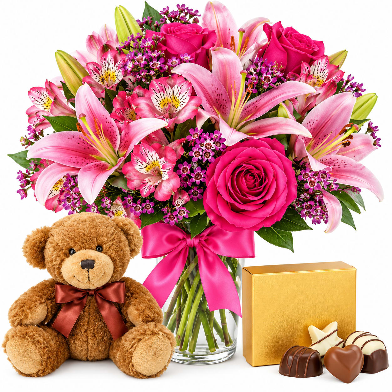 Roses and Lilies Celebration with Bear & Chocolate Flower Bouquet