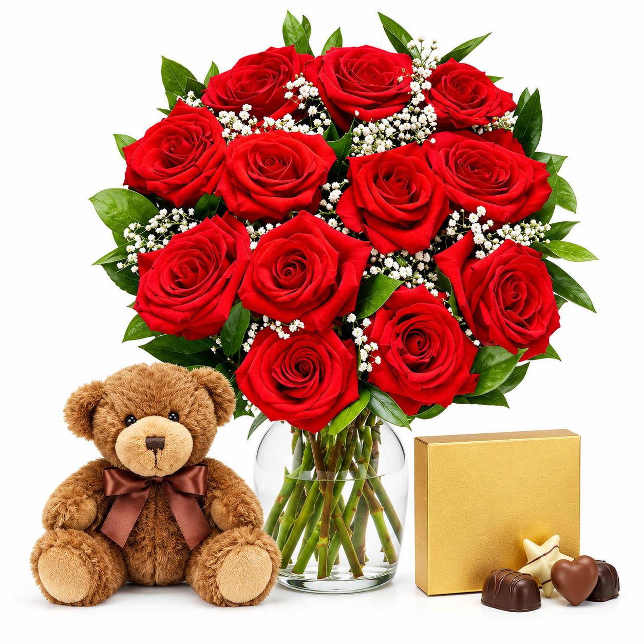 Dozen Roses, Teddy Bear and Chocolates Flower Bouquet