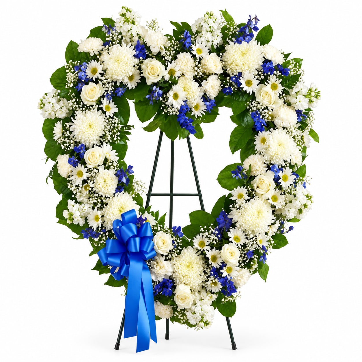 Always Remember Blue & White Floral Heart Spray