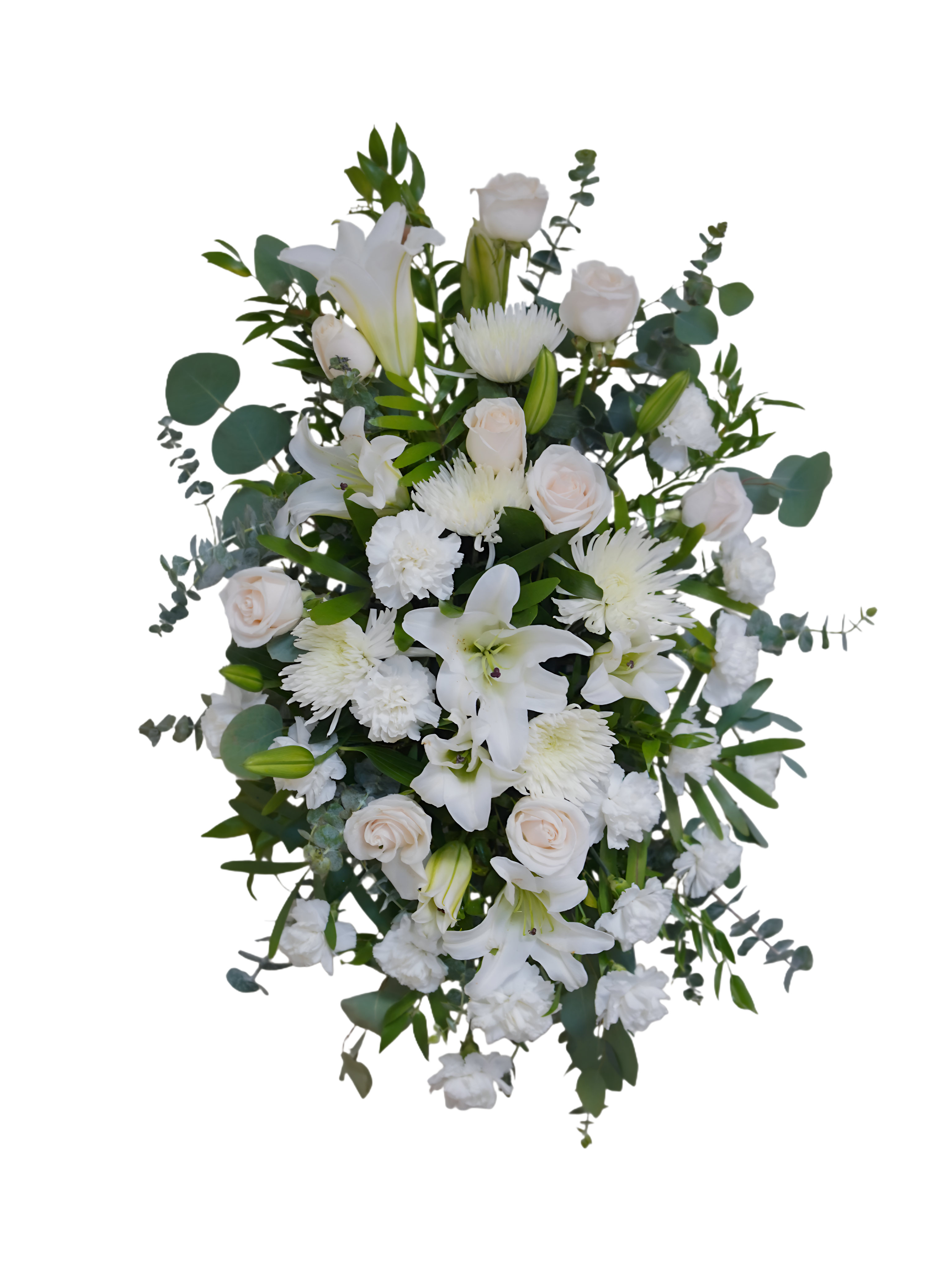 CR-13 Corona de rosas, claveles, spiders, eucalipto y lirios casablanca Flower Bouquet