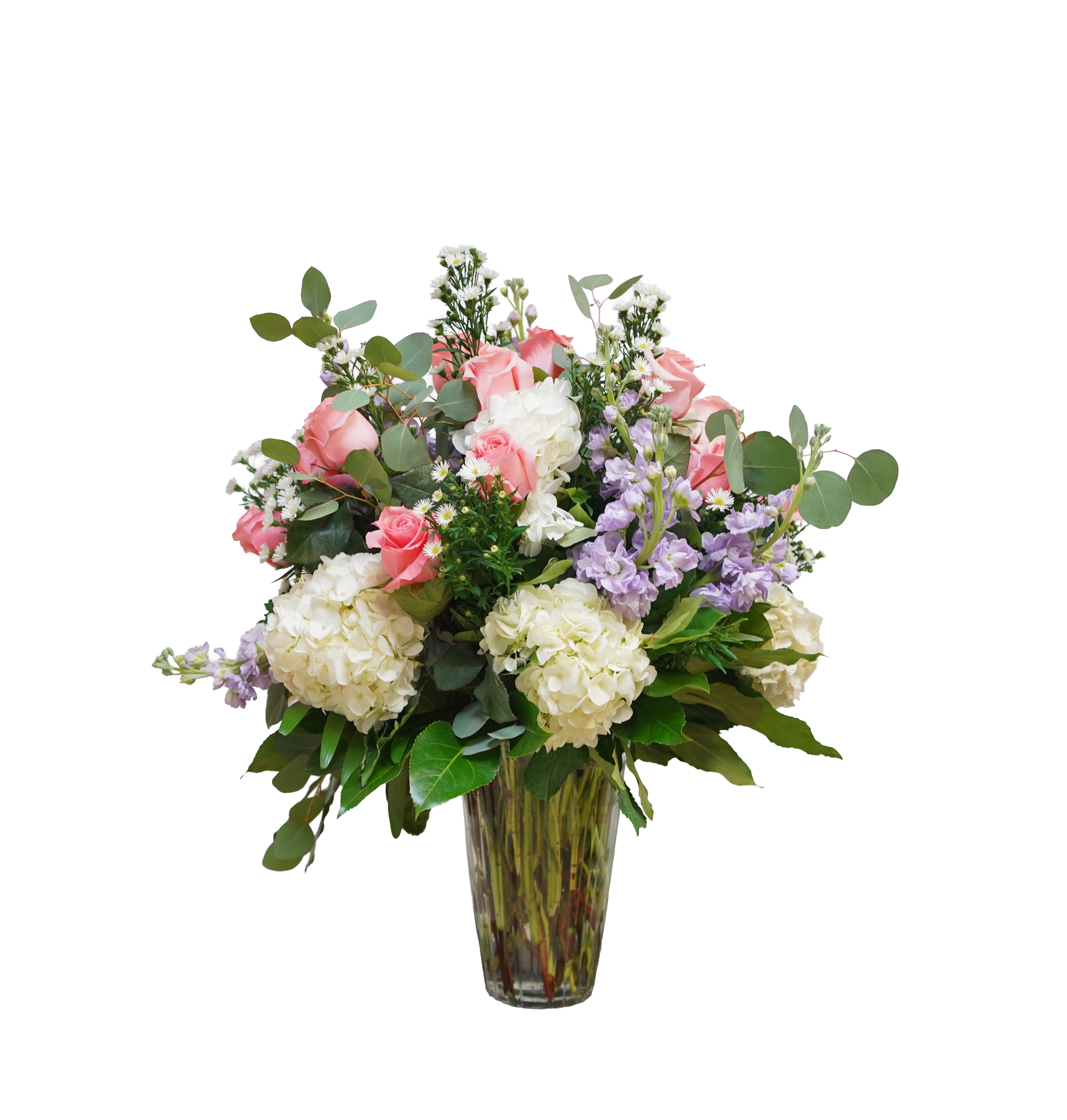 AR-15 Arreglo funeral de rosas, hortensias, montecasino y stocks