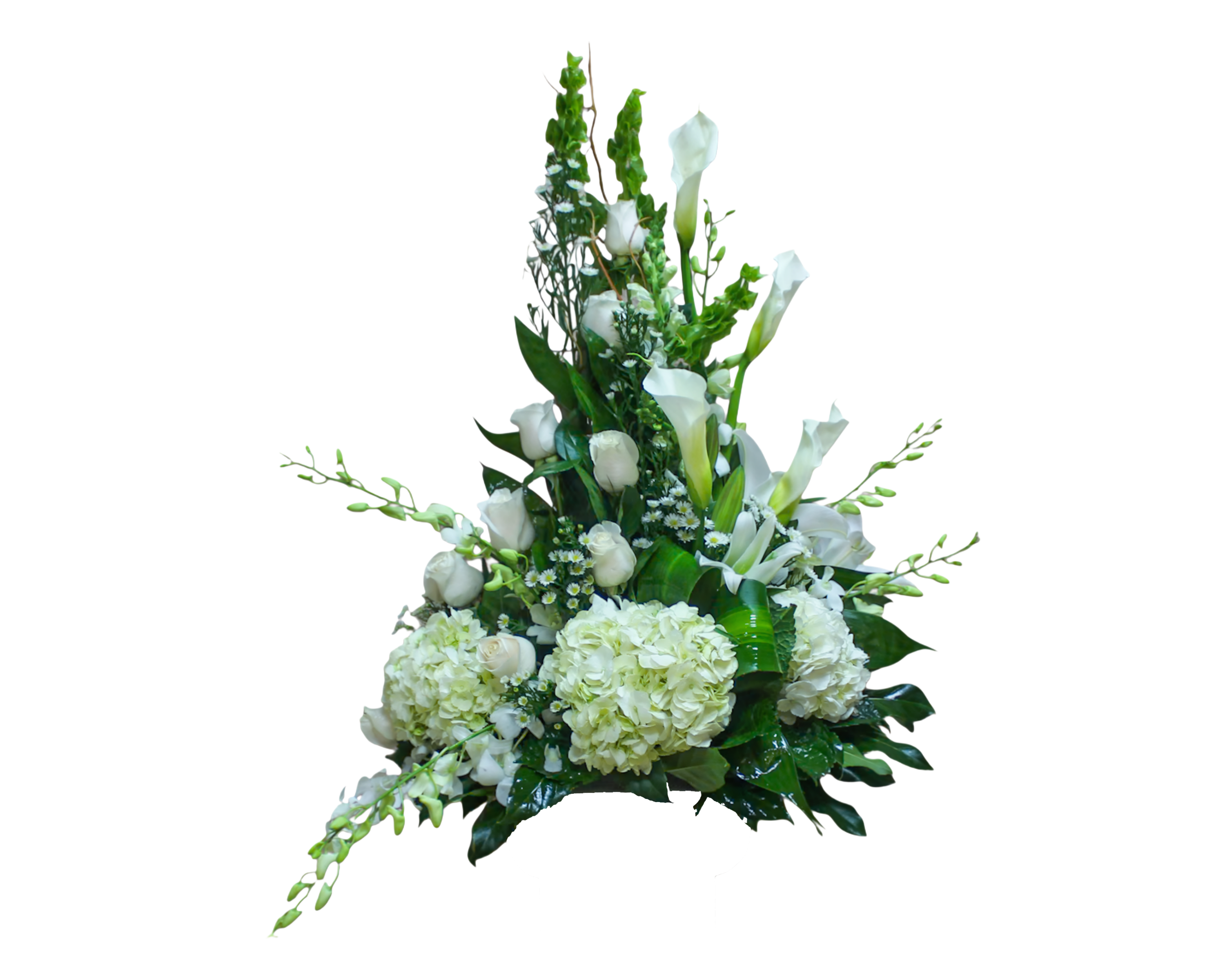 AR-16 Arreglo funeral de rosas, lirios cala, orquídeas, hortensias,montecasino, lirios casablanca y campana de Irlanda