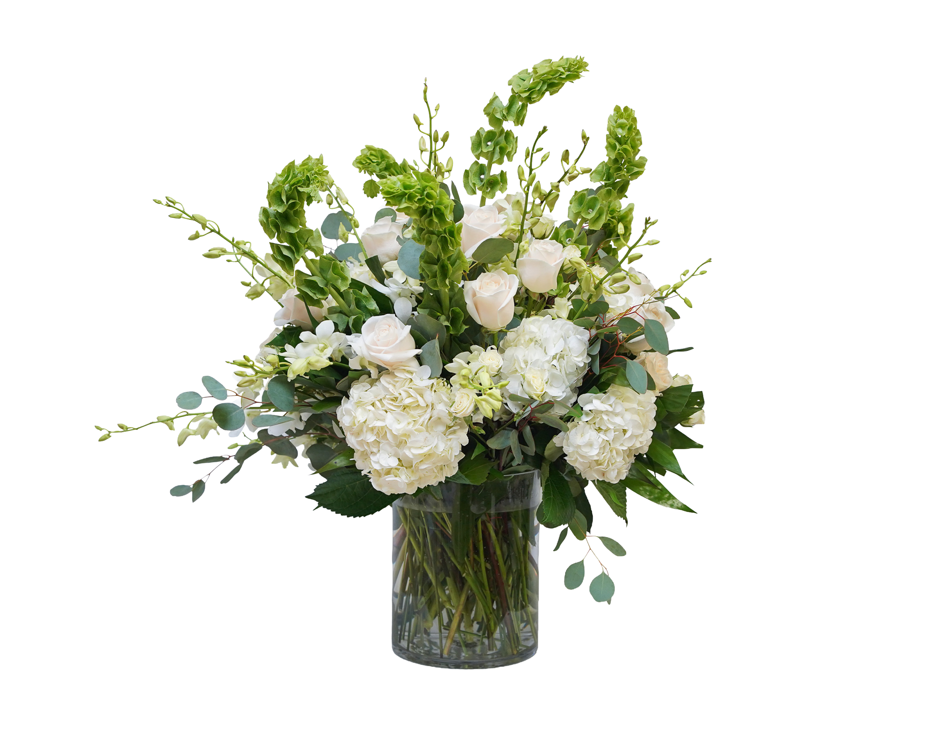 AR-18 Arreglo funeral de rosas, orquídeas dendrobium,hortensias, eucalipto y campana de Irlanda