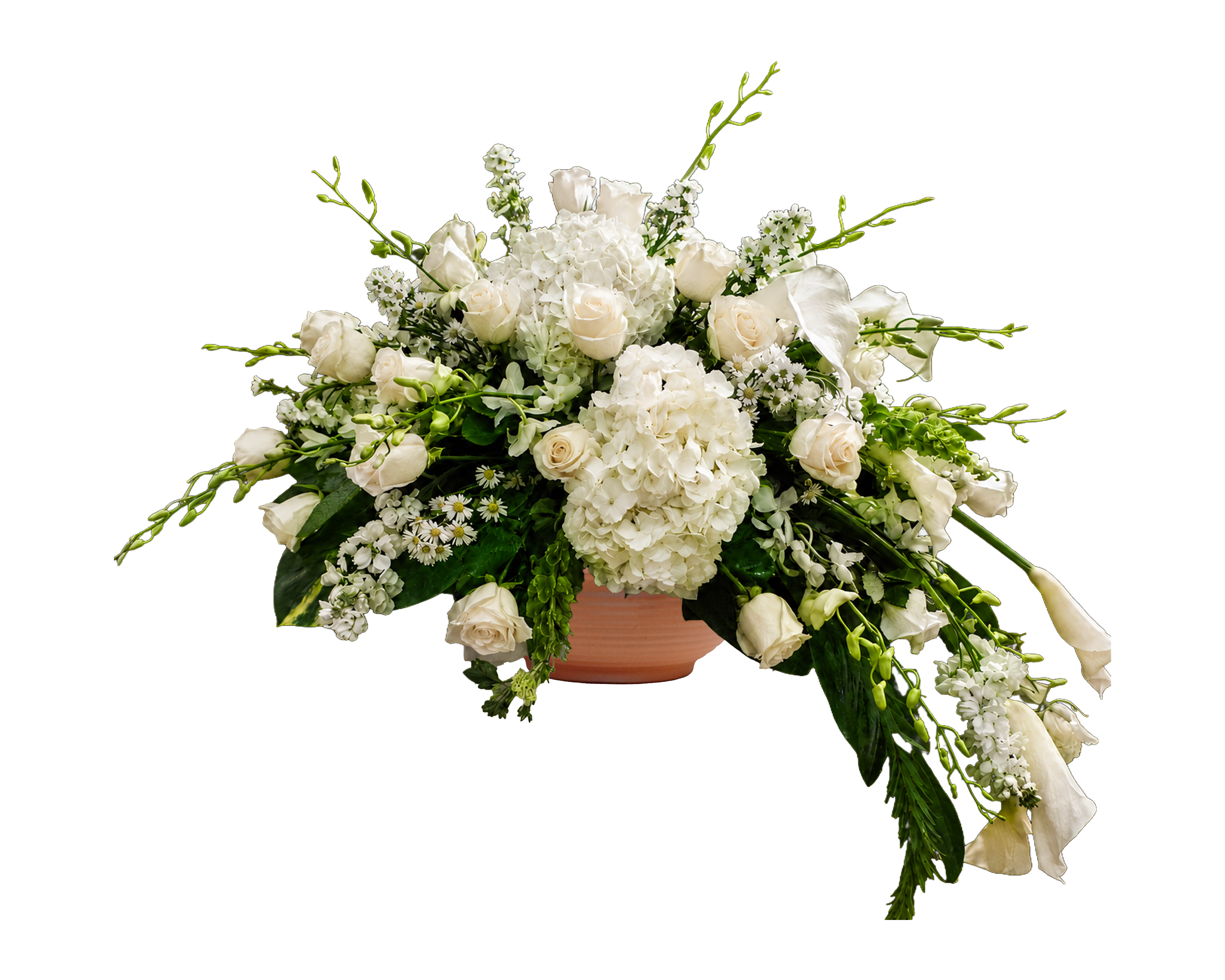 AR-20 Arreglo funeral de rosas, lirios cala, orquídeas dendrobium, hortensias, montecasino y campana de Irlanda