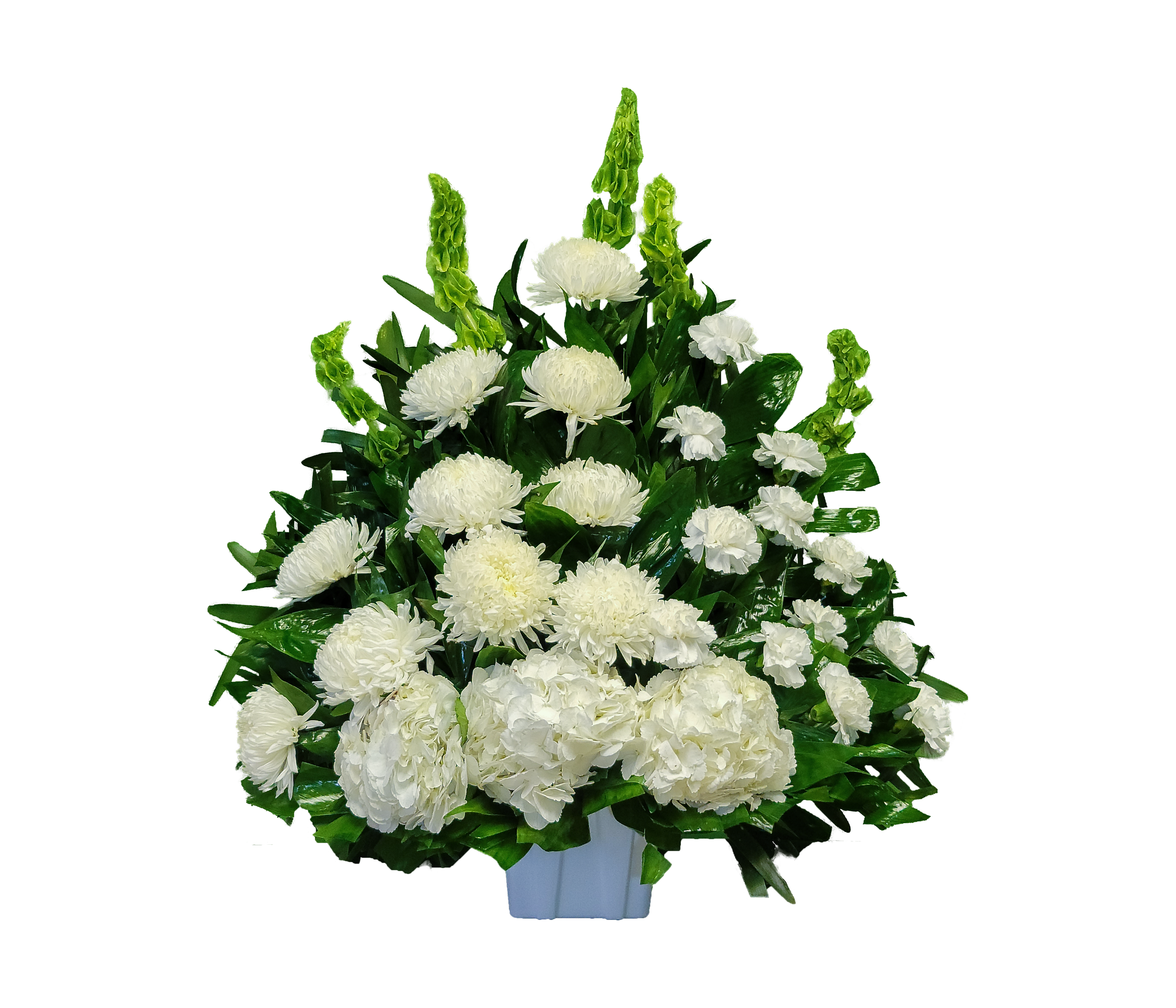 CN-03 Canasta funeral de claveles, crisantemos, hortensias y campana de Irlanda