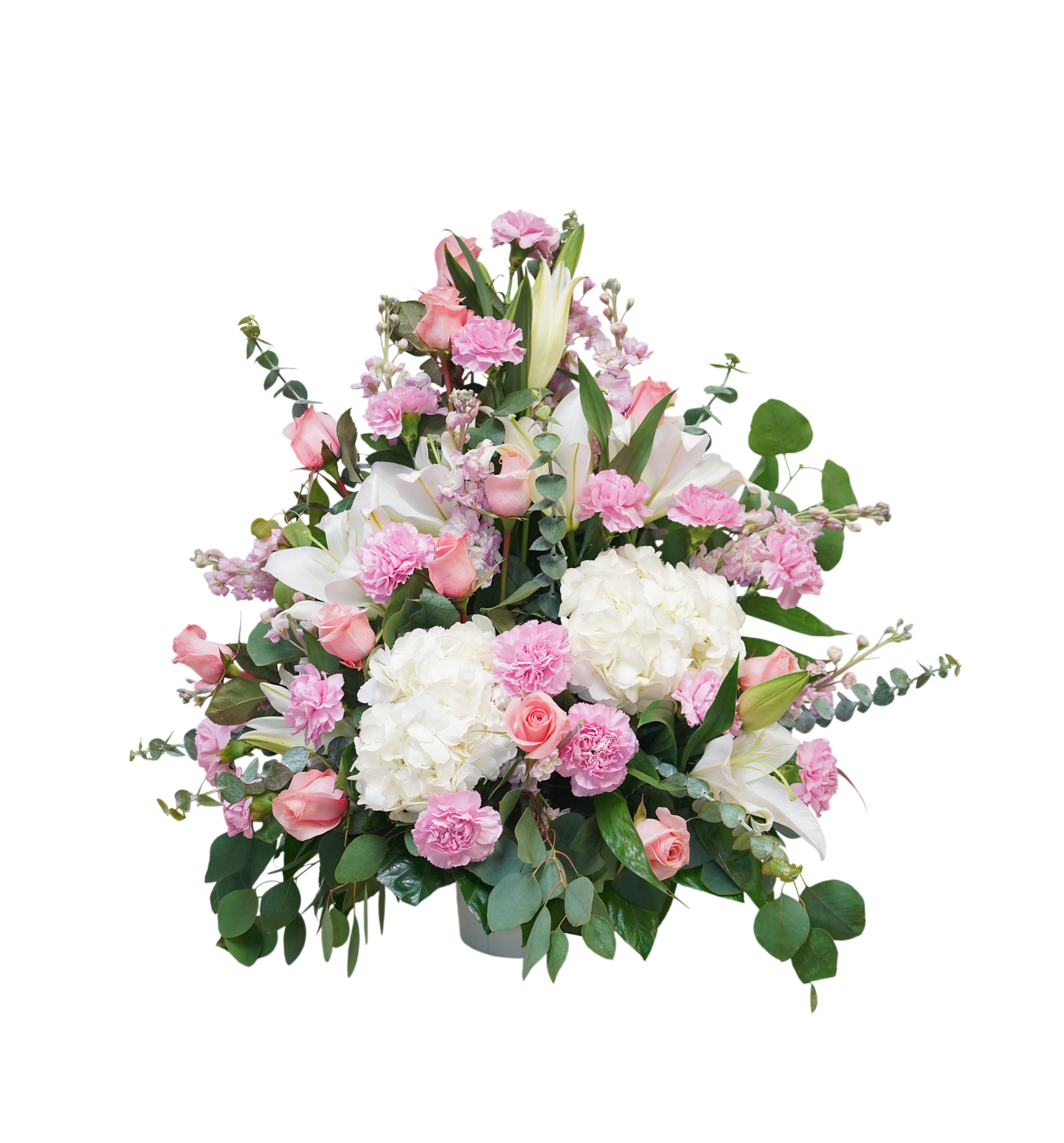 CN-05 Canasta funeral de rosas, claveles, lirios, hortensias y eucalipto