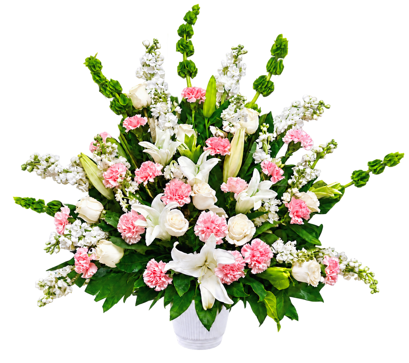 CN-09 Canasta funeral de rosas, claveles, lirios, stocks y campana de Irlanda Flower Bouquet