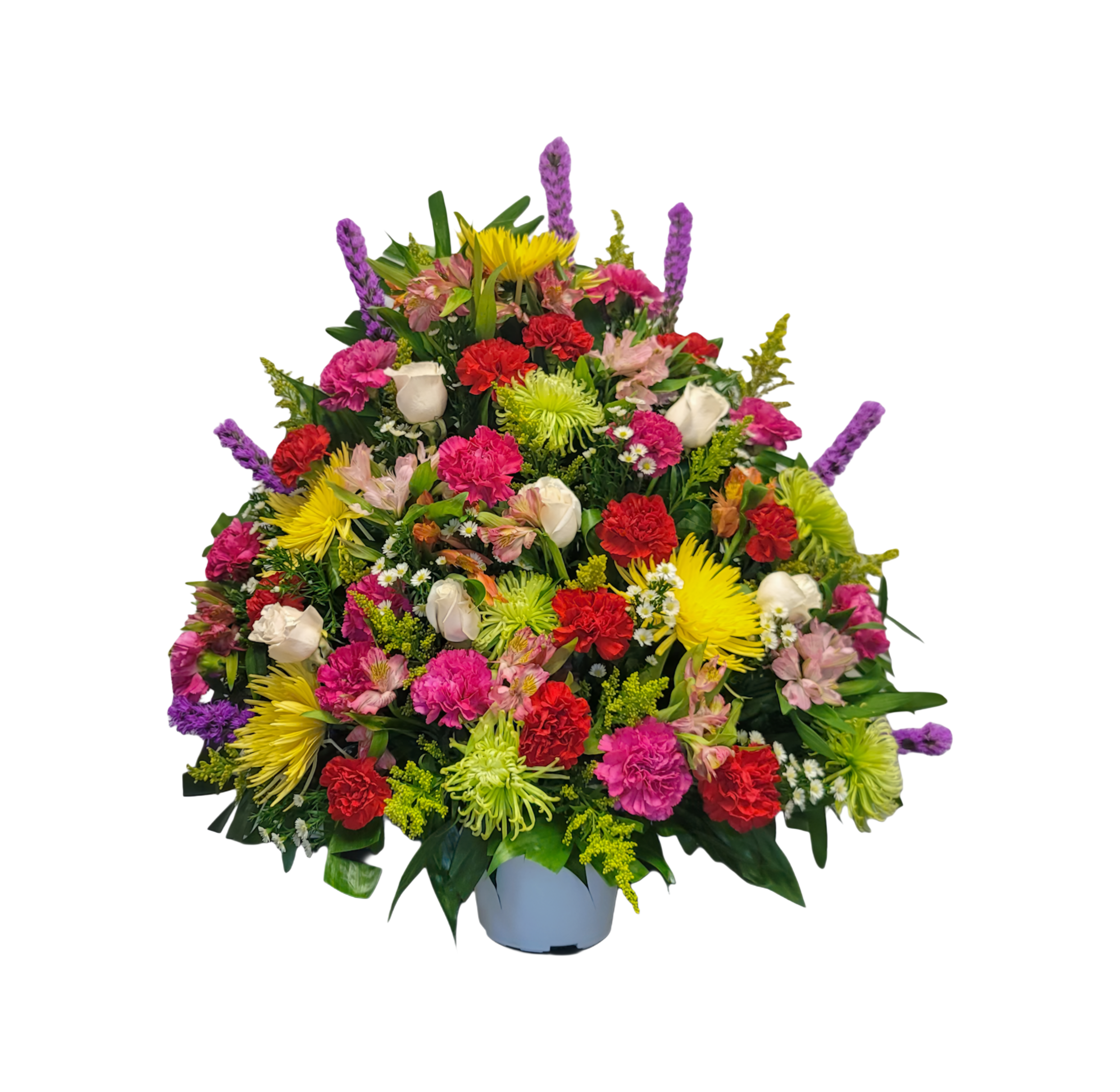 CN-08 Canasta funeral de rosas, claveles, spiders, stocks, liatris,solidago, alstroemerias y montecasino