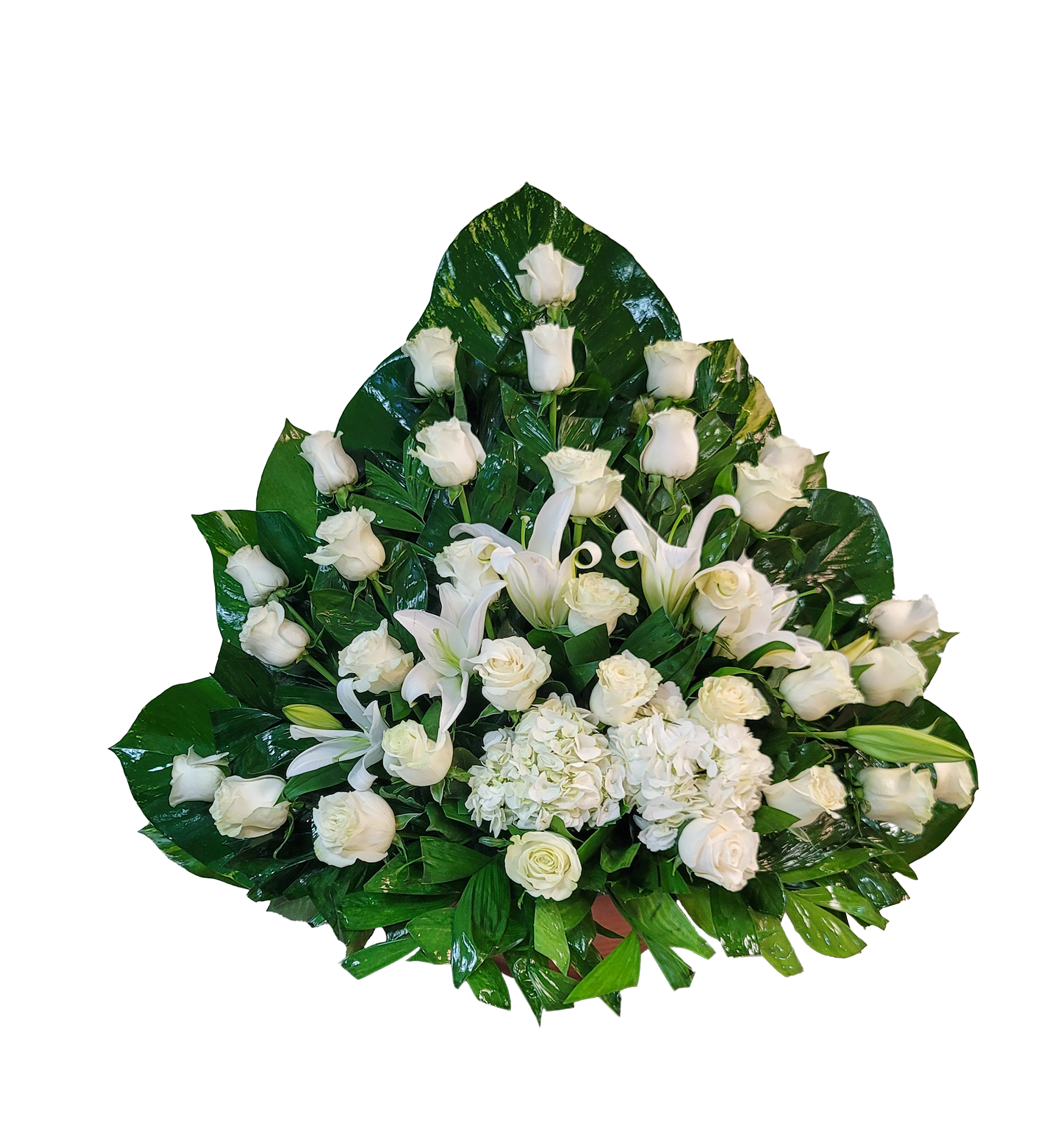 CN-10 Canasta funeral de rosas, hortensias y lirios casablanca Flower Bouquet