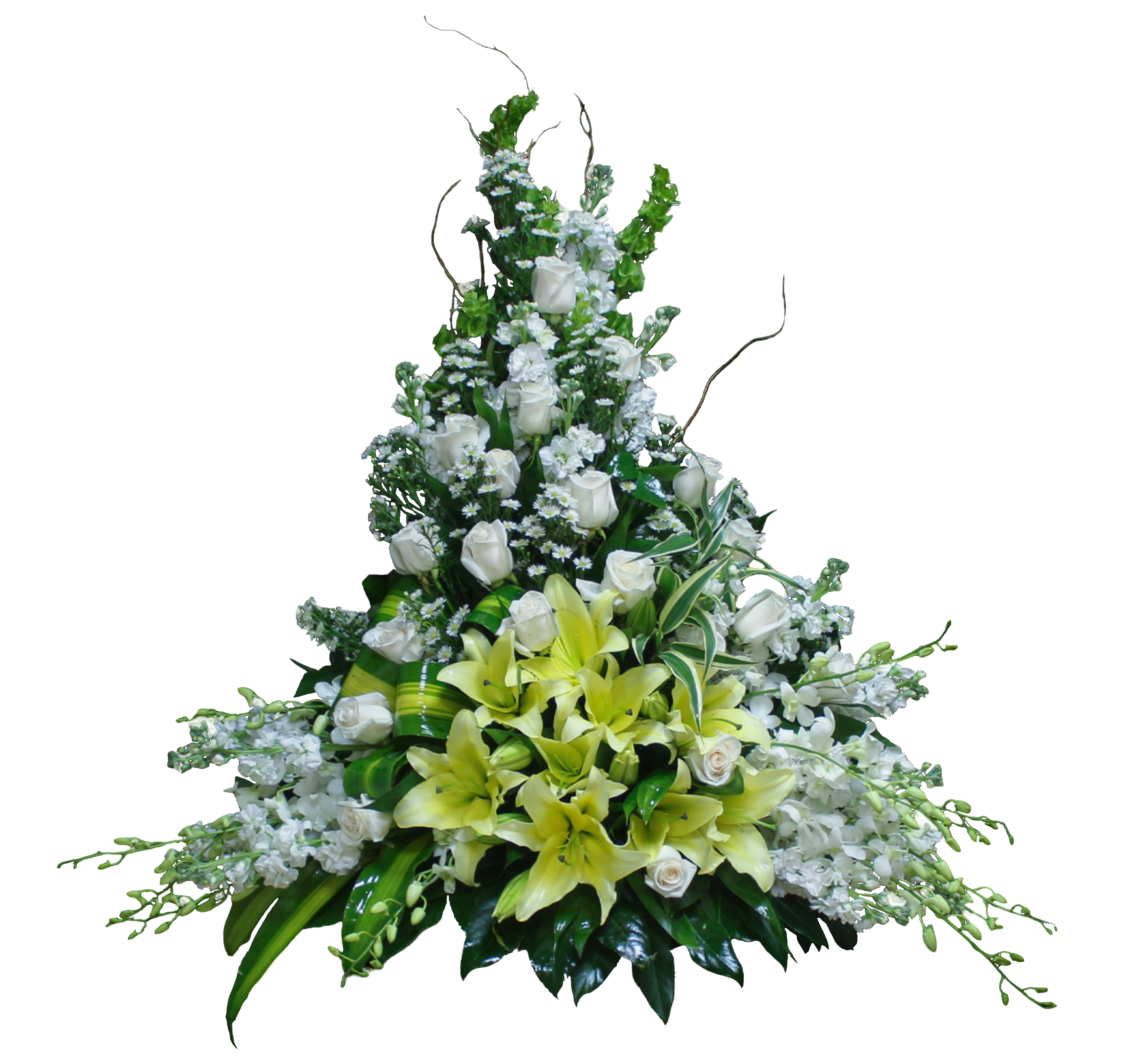 CN-13 Canasta funeral de rosas, lirios concador, orquídeas dendrobium, stocks, montecasino y campana de Irlanda Flower Bouquet