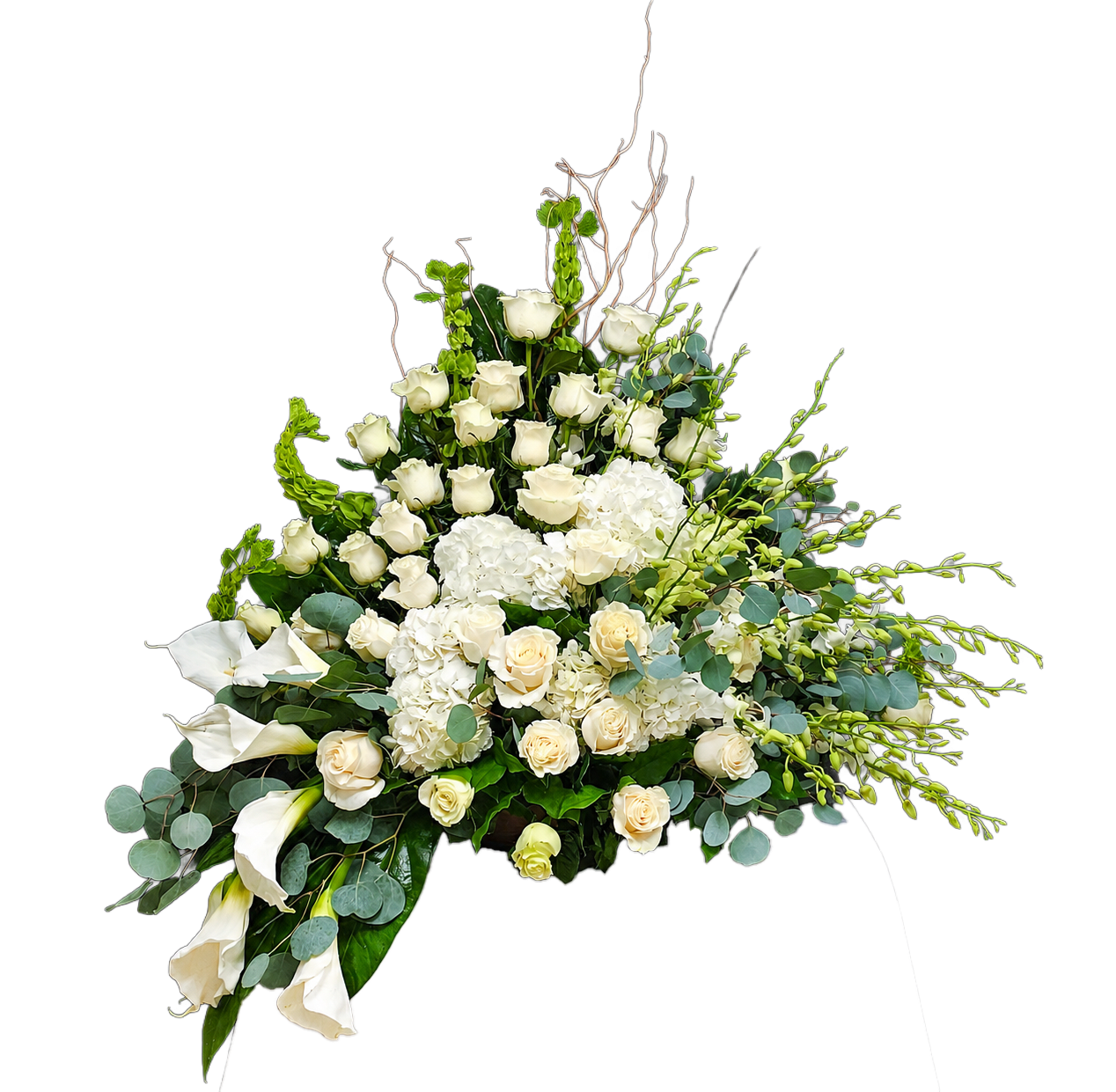 CN-14 Canasta funeral de rosas, lirios cala, orquídeas dendrobium, hortensias, eucalipto y campana de Irlanda Flower Bouquet