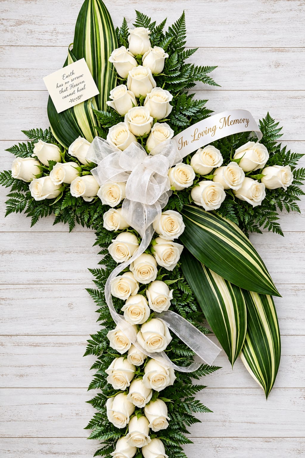 White Rose Cross with Aspidistria