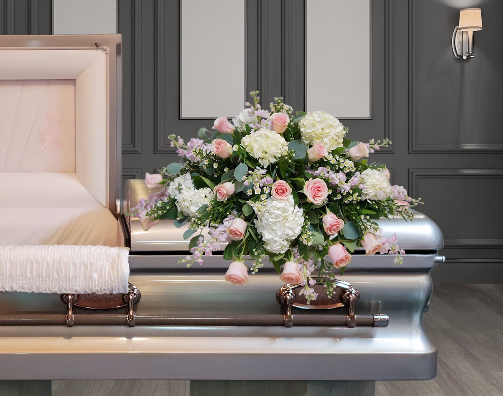 CV-05 Casket cover de rosas, hortensias y stocks