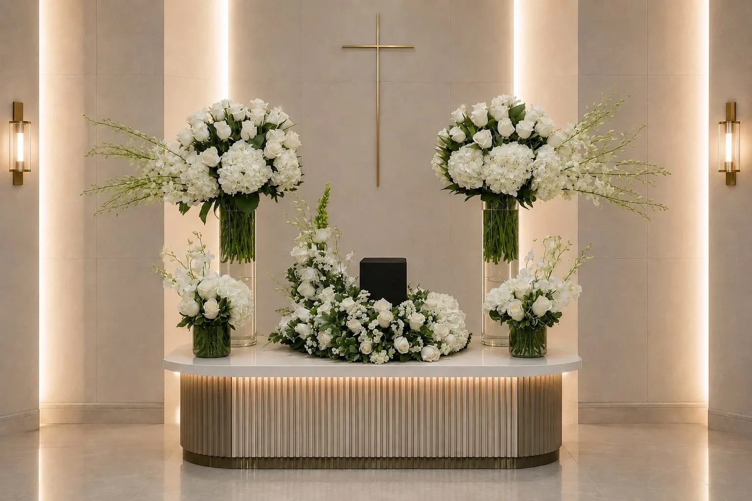 UR-19 Set de urna de rosas, orquídeas y hortensias: urna y 4 arreglos