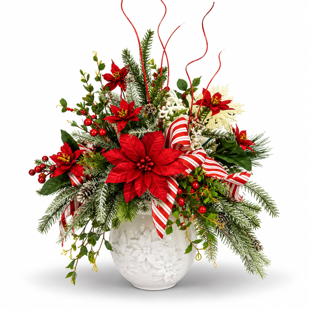 Festive Poinsettia Evergreen Silk Flower Bouquet