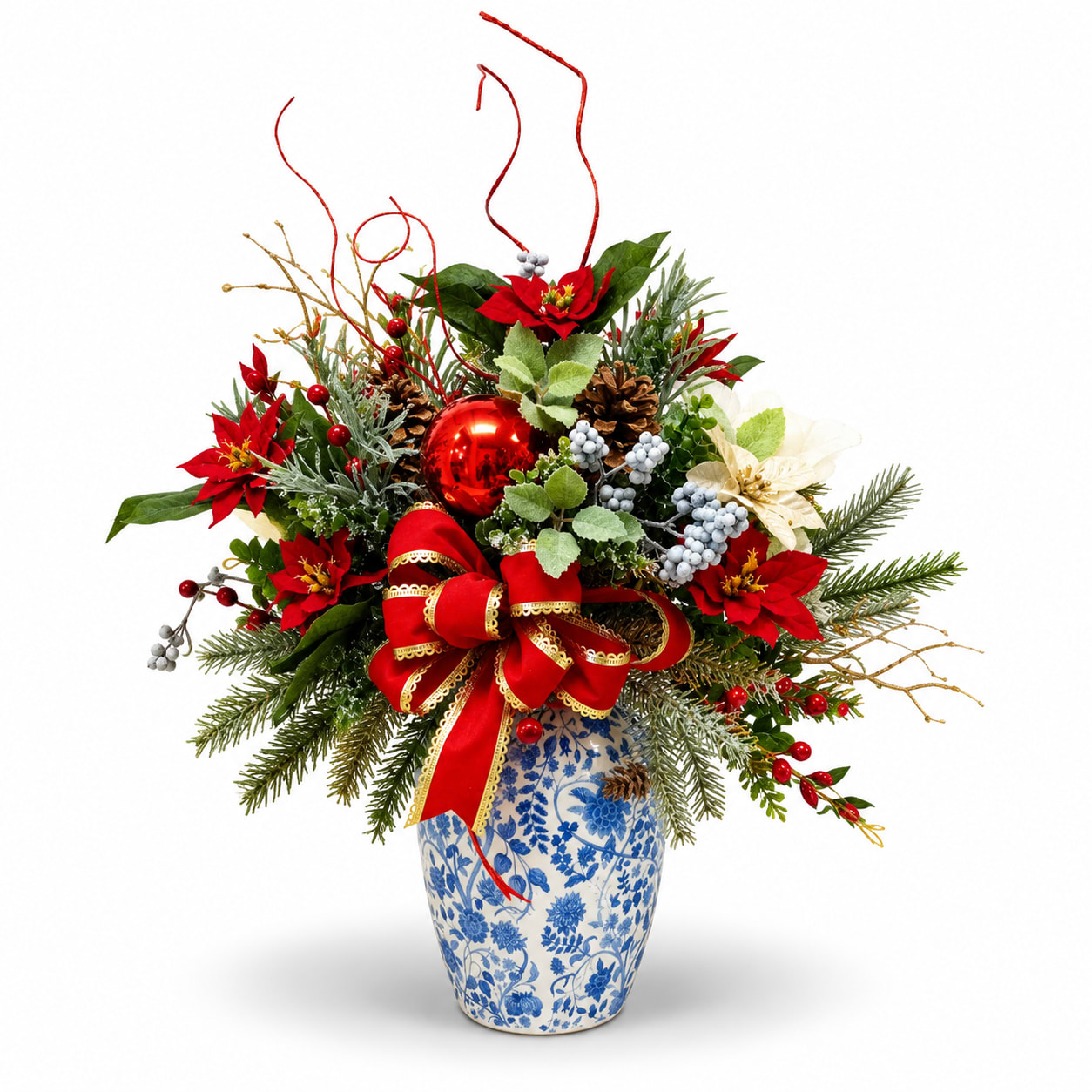 Festive Red & Blue Porcelain Silk Flower Bouquet
