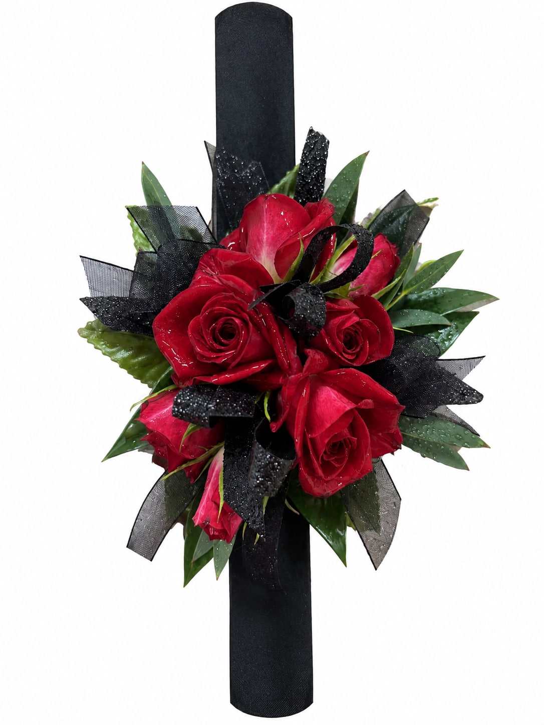 Crimson Rose and Black Ribbon Corsage Flower Bouquet