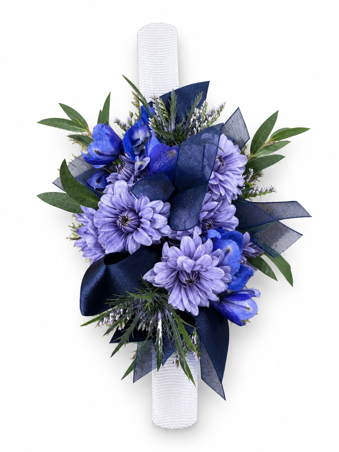 Lavender and Navy Wrist Corsage Flower Bouquet