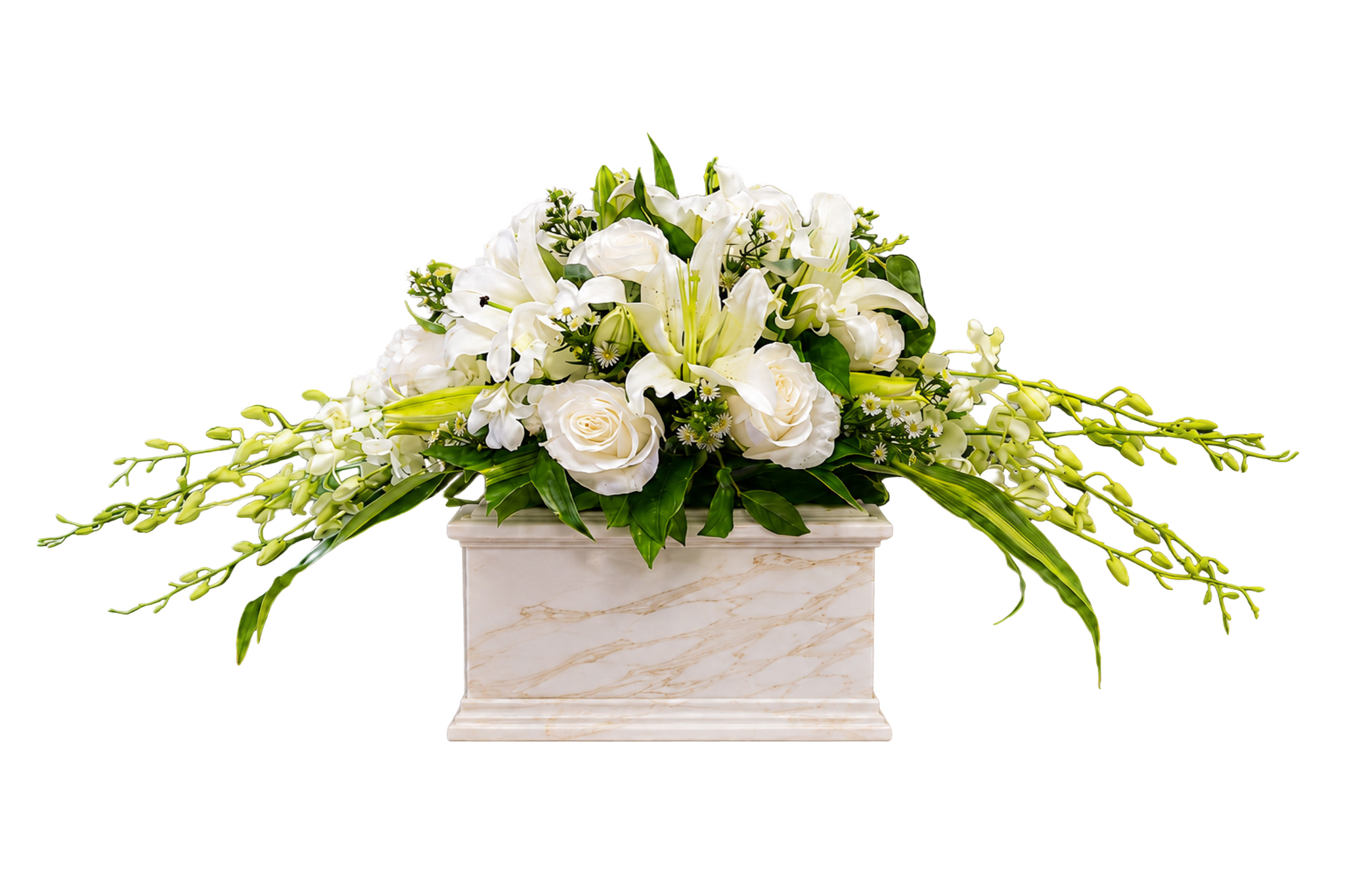 UR-02 Arreglo para urna de rosas, orquídeas dendrobium, montecasino y lirios casablanca