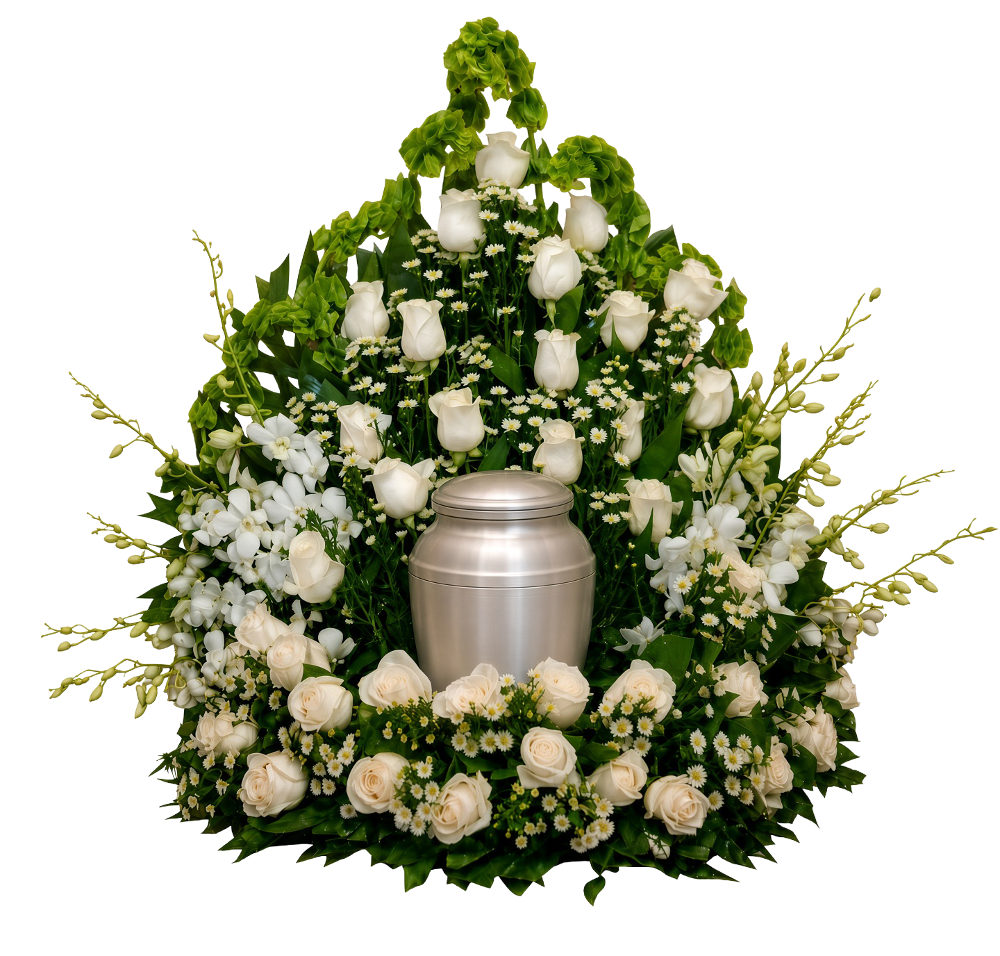 UR-13 Arreglo para urna de rosas, orquídeas y campana de Irlanda