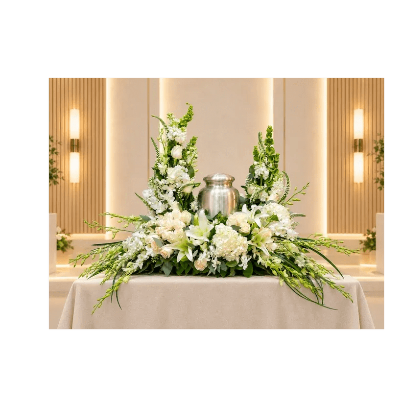 UR-16 Arreglo para urna de rosas, orquídeas, hortensias, stocks, lirios casablanca y campana de Irlanda