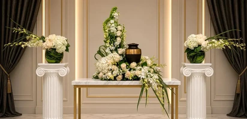 UR-18 Set de urna de rosas, orquídeas, hortensias, stocks y campana de Irlanda: urna y 2 arreglos
