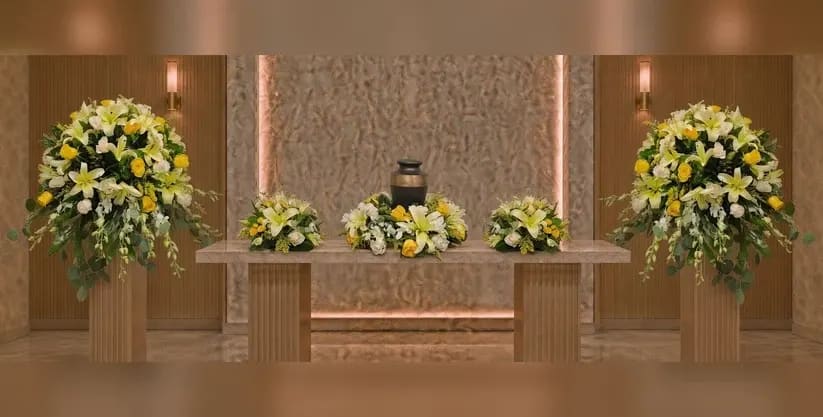 UR-20 Set de urna de rosas, orquídeas, lirios amarillos y spray roses: urna y 4 arreglos