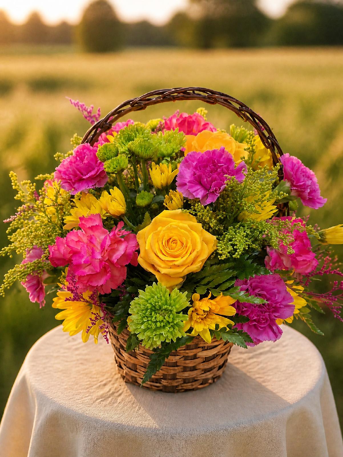 Genn H Fuschia and Yellow Basket Flower Bouquet