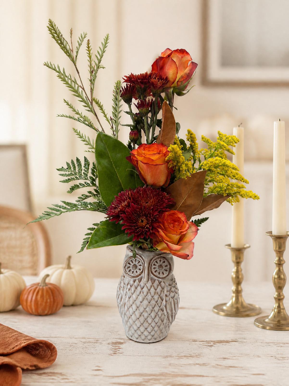 Genn H Fall Owl Sm Flower Bouquet
